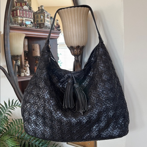 Patricia Nash Black Leather Braided Stitch Marcellina Hobo Bag Tassel Purse - Picture 2 of 16